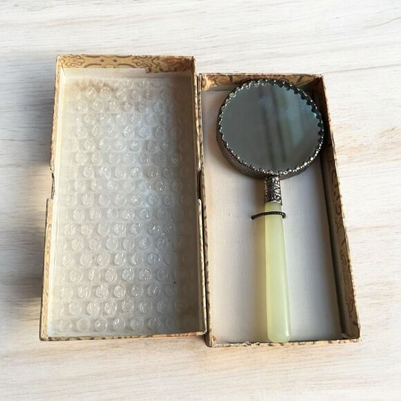 Vintage Cloisonné Hand Mirror with Jade Handle & Box - Picture 1 of 5